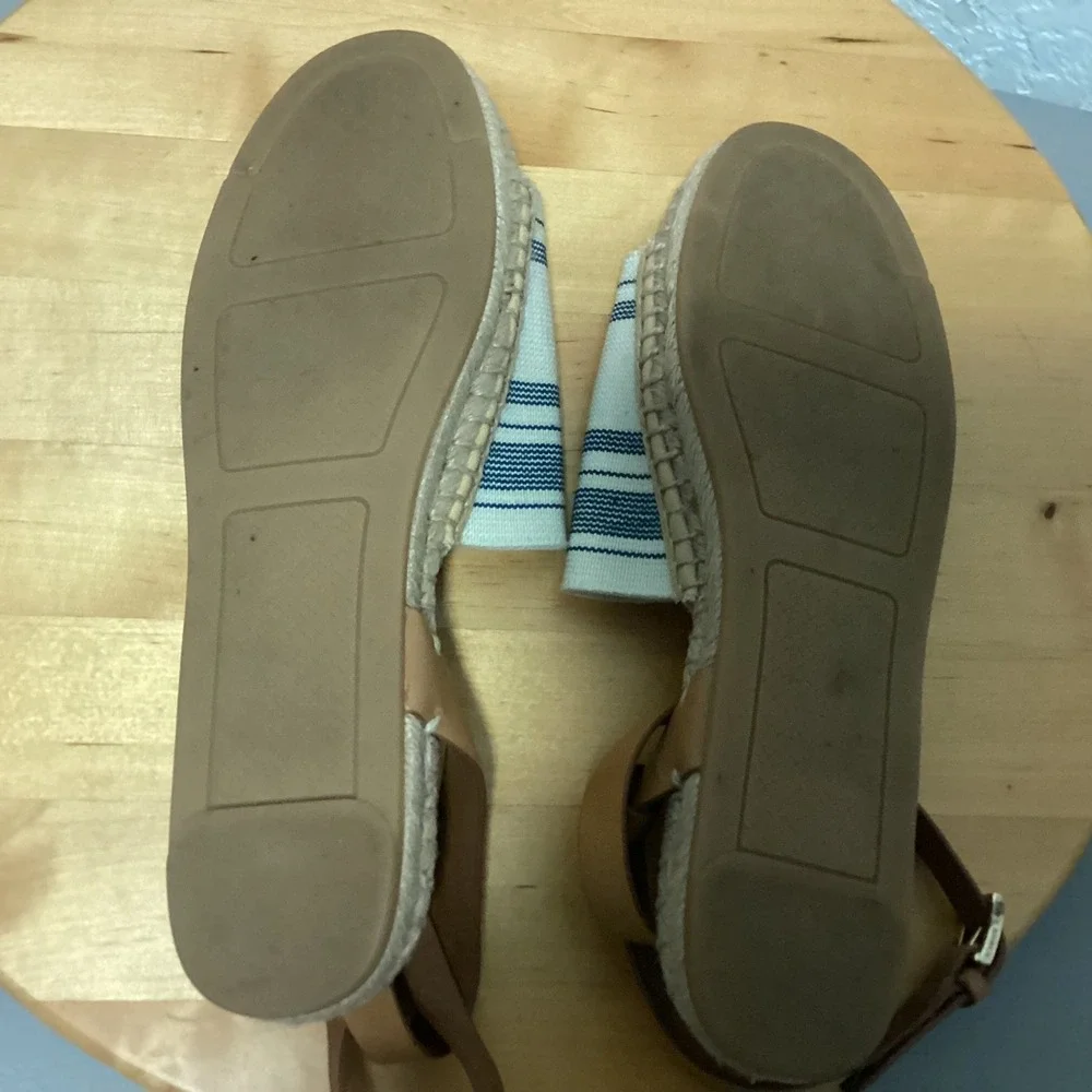 Tory Burch Striped Canvas‎ Espadrille Sandals Blue Cream Leather Ankle Strap 8